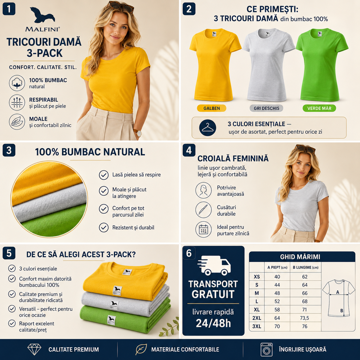 Set 3 tricouri damă 100% bumbac casual clasic galben gri deschis verde măr transport gratuit